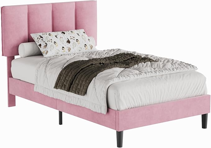 VECELO Twin Bed Frame with Upholstered Headboard, Heavy-Duty Platform Bedframe with Strong Wooden Slats Support, No Boxing Spring Needed, Pink