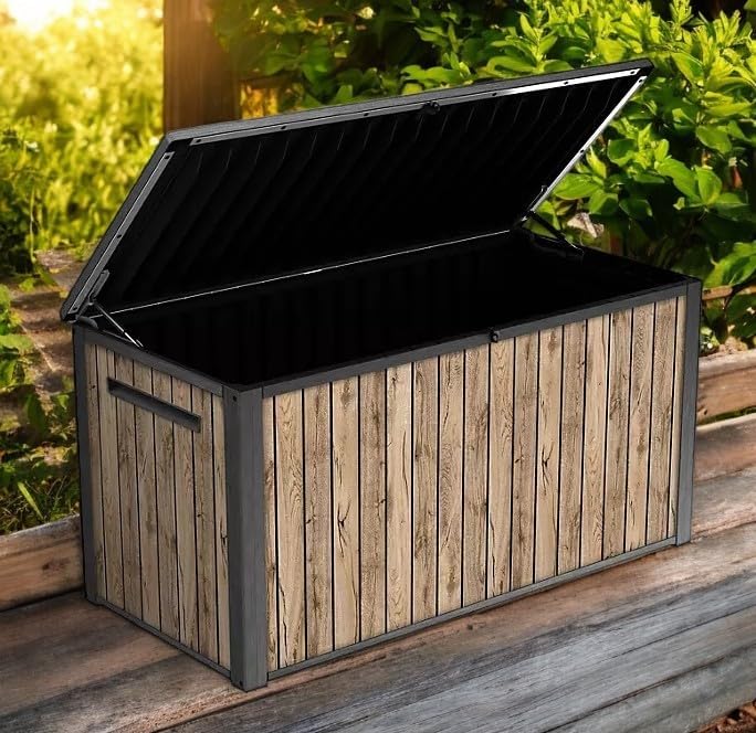 Outdoor Storage Box, Wood-Look Resin Deck Container, Indoor/Outdoor Storage, Ash Wood Brown (170 Gallon)