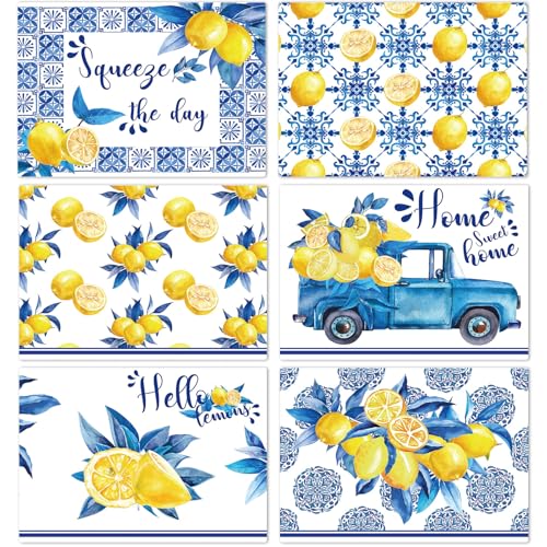 Blue and Yellow Lemons Placemats Set of 6 17×12 Inch Summer Lemon (6 Count)
