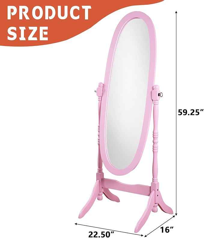 Full Length Mirror with Stand, Swivel Adjustable Oval Wood Cheval Floor Mirror, Dressing Cheval Mirror for Bedroom Livingroom, Interior Gift Idea (Pink)