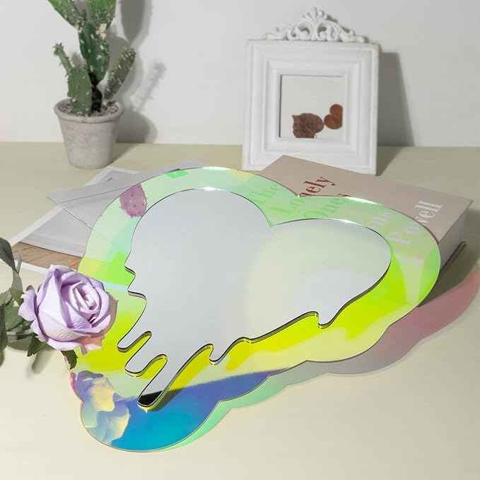 Irregular Wall Mirror Wavy Acrylic Rainbow Mirror Room Decor Aesthetic Mirrors Amorphic Vanity Retro Mirrors for Bedroom Living Room Bathroom Entryway Wall Decor, (Melting Heart Style, 13.5 x 12 Inch)