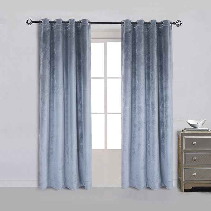 Cherry Home Super Soft Luxury Velvet Stone Blue Set of 2 Blackout Drapes Room Darkening Curtains Panel Grommet Drapery 52 by 84-Inch Dusty Blue(2 Panels) with Matching Tiebacks
