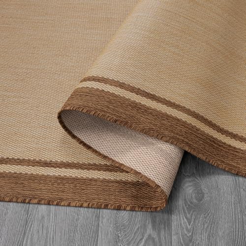 Outdoor Rug 9x12 Bordered Natural Brown Modern Area Rugs for Indoor and Outdoor Patios