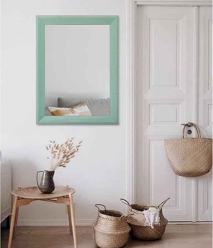 AAZZKANG Wood Framed Mirror Rectangle Modern Farmhouse Wall Mirrors Decor Large 26"x18" for Bedroom Living Room Bathroom Green