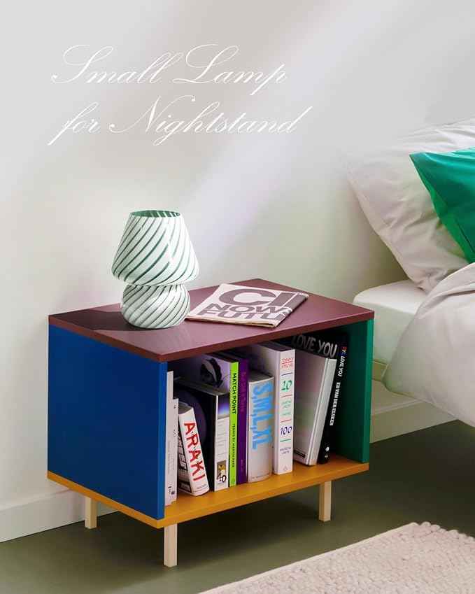 ONEWISH Mushroom Lamp - Small Table Lamp with Striped Glass, Nightstand Lamp for Bedroom, Living Room, Cafe, Office, Bulb Included, for Girls Women Birthday Christmas Thanksgiving, Sage Green