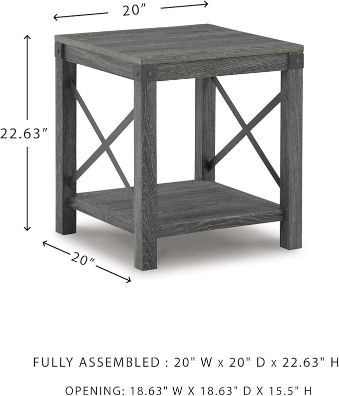 Signature Design by Ashley Freedan Rustic Square Farmhouse End Table, Wood, Metal Crossbuck Accents, Lower Display Shelf, 22.63" High, Gray