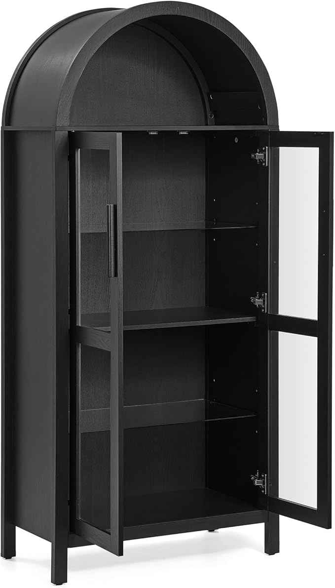 Arched Storage Cabinet with Doors, Display Cabinet with LED Light, 5-Tier Display Cases for Collectibles, Curio Cabinet with Ajustable Shelf for Living Room, Black