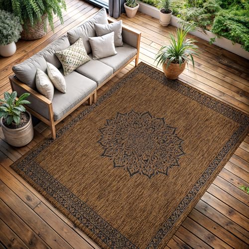 Outdoor Rug 8x10 Medallion Gold Modern Area Rugs for Indoor and Outdoor Patios Kitchen and Hallway Mats Washable Porch Deck Outside Carpet (80 Sq Ft)