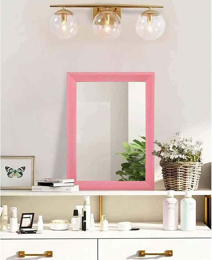 AAZZKANG Rectangle Mirror with Wood Frame Modern Farmhouse Wall Mirrors Decor for Bedroom Bathroom Living Room Small Pink