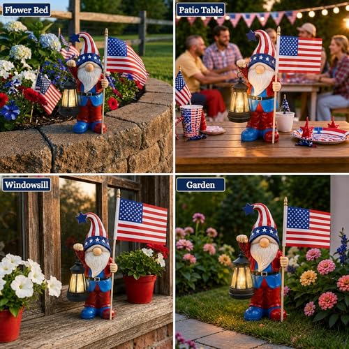 Solar Patriotic Gnomes Statues with Flag for Garden Decor