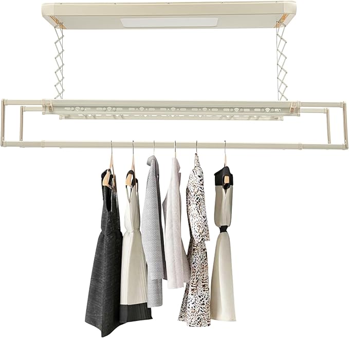 Electric Retractable Airing Rack Off-White Color, Ceiling Clothesline 77lbs Load, Ceiling Mounted Clothes Drying Rack 24W with Remote and Light for Laundry Balcony (Off-White Color)