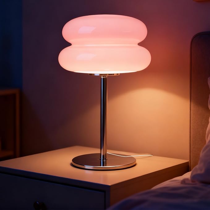 Bedroom Mushroom lamp, Medieval Modern Bedside Table lamp, dimmable Retro Egg Tart Headlight, Unique Home Mushroom Decoration Aesthetic Lovely Living Room Desk lamp (Pink)