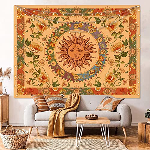 Yellow Sun and Moon Tapestry Hippie Indie Tapestries Boho Orange Flower Floral Tapestry Wall Hanging Cool Vintage Aesthetic Wall Tapestry for Bedroom Living Room Dorm