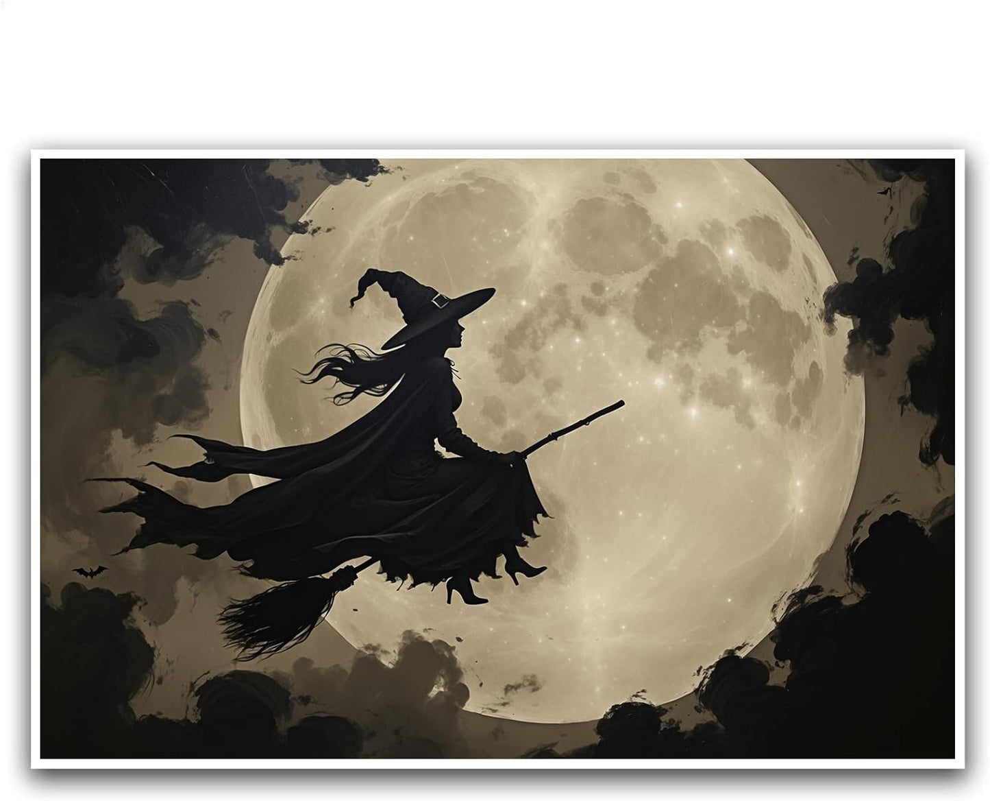 JFHCQJPK Full moon witch silhouette poster witch on magic broom Halloween mural poster decorative mural art suitable for home living room bedroom20x30in Frameless