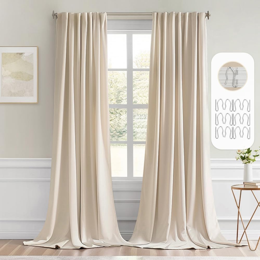 MIULEE Back Tab Cream Beige Curtains 92 Inch Long 2 Panels Set for Living Room Bedroom, Ivory Rod Pocket/Pinch Pleated Light Blocking Thermal Insulated Room Darkening Floor to Ceiling Blackout Drapes
