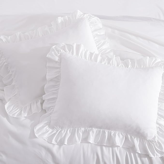 Queen Comforter Set White, Ruffle Shabby Chic Bedding Set Farmhouse 7 Pieces, All Season Fluffy Bed in a Bag with Sheets, Pillowcases & Shams