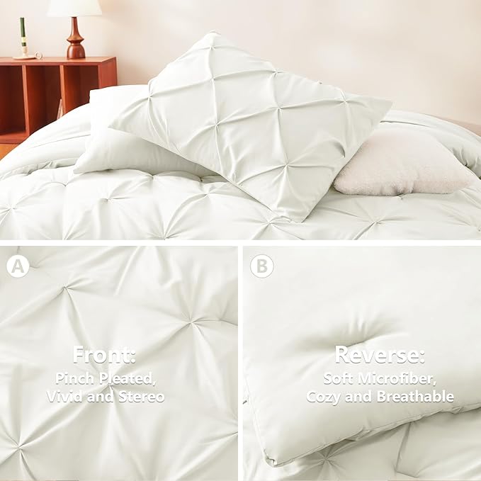 CozyLux Queen Comforter Set Ivory, 7 Pieces Pintuck Bed in A Bag, Premium Ivory Comforter Queen Size, Pinch Pleat Bedding Sets with Comforter, Sheets, Pillowcases & Shams