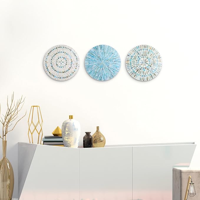 Tioncy 3 Pcs 11.8 Inches Spring Summer Blue Mother of Pearl Shell Plate Coastal Wall Art Mosaic Wall Sculpture Shell Handmade Hanging Plates Arts for Bedroom Bathroom Home Office Hotel