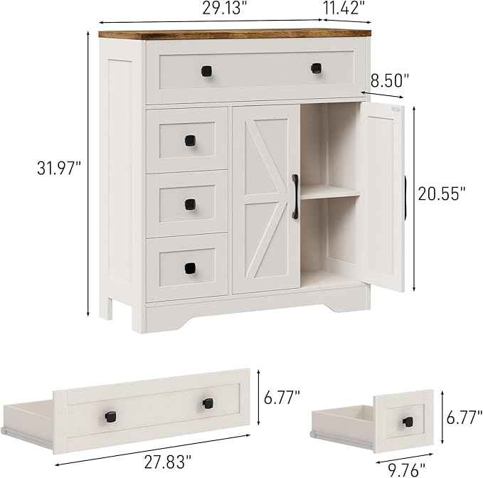 Vabches Farmhouse Storage Cabinet with 2 Doors and 4 Drawers, Freestanding Bathroom Storage Cabinet Kitchen Pantry, Floor Hutch Cupboard for Living Room/Bathroom/Kitchen.(Antique White