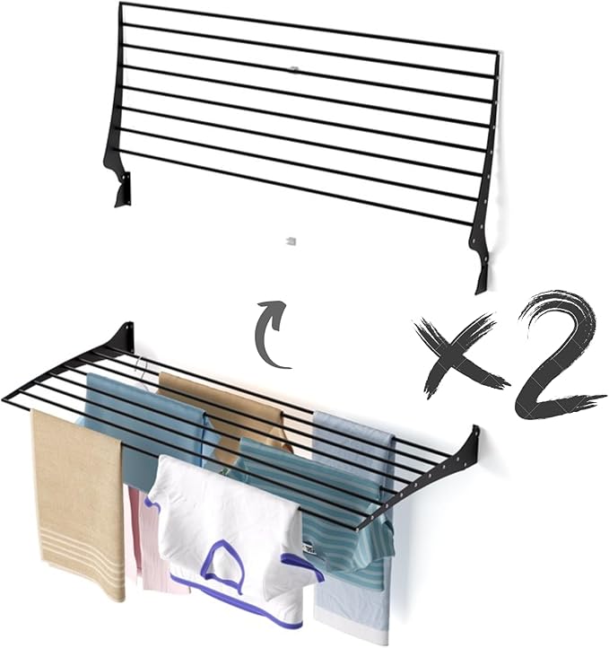 foxydry Fold, Wall Drying Rack, Vertical Drying Rack for Indoor and Outdoor Aluminium and Steel (Black - Closing Up, 2X Fold 120)
