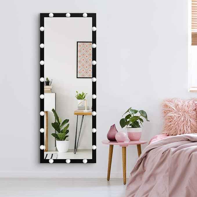 Full Length Mirror with Lights, 65" x 24" Led Standing Mirror, Wall Mounted and Floor Standing Bulbs, Wall Mounted for Bedroom,Dimming&3 Color Modes (Black)