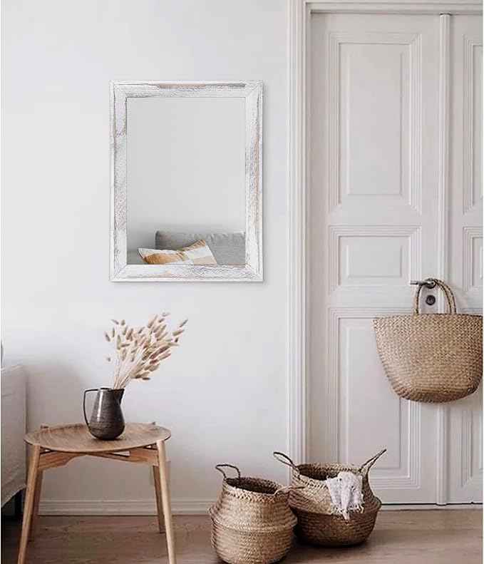 AAZZKANG Mirrors for Wall Rustic Wood Framed Hanging Mirror 20"x16" Decorative for Farmhouse Bedroom Bathroom Living Room Entryway Hallway White