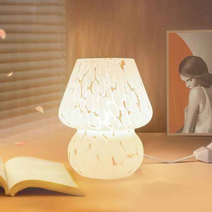 ONEWISH Cute Mushroom Lamp Small Bedside Table Lamp Set of 2 Stepless Dimmable, Translucent Glass White Nightstand Lamp for Bedroom Dorm Kids Room Living Kitchen, Murano Aesthetic Home Decor