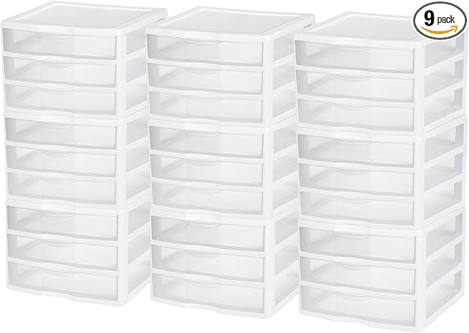 Sterilite 9-Pack Wide 3 Drawer Unit, Plastic Desktop Organizer with Clear Drawers, White Frame - Stackable Multi-Purpose Storage for Office Supplies, Craft Rooms, Classrooms and Home Organization