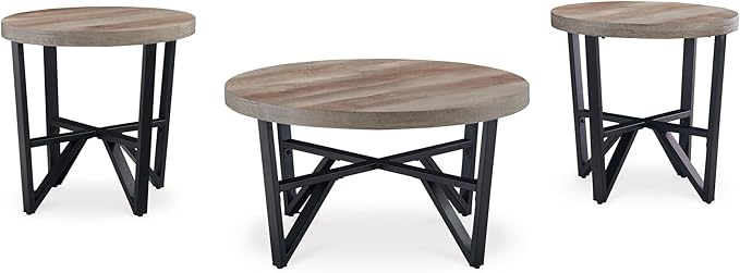 Signature Design by Ashley Deanlee Contemporary Table Set with Metal Frame, Set of 3, Light Brown & Black