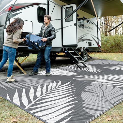 Outdoor Rug Waterproof Plastic Rugs 10'x20' for Camping Grey White