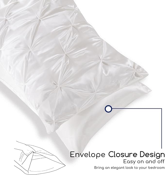 MR&HM Satin Comforter King 7 Pieces - Luxurious Pinch Pleat Bedding Set with Comforter, Flat Sheet, Fitted Sheet, Pillowcases & Shams, Super Silky Soft Bed Set for All Season (King, Ivory)
