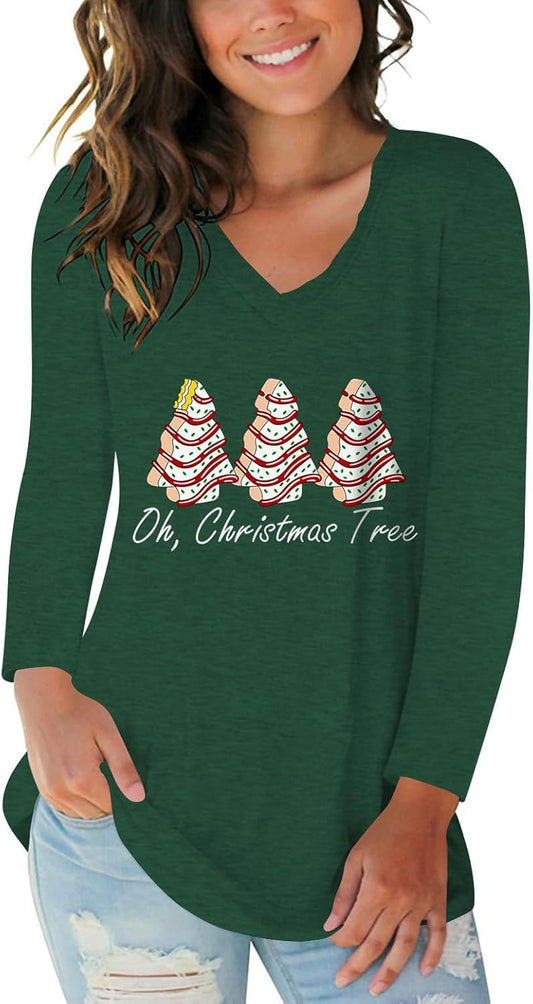 Tobrief Women's Long Sleeve V-Neck Shirts Fall Graphic Tees Loose Casual T-Shirt