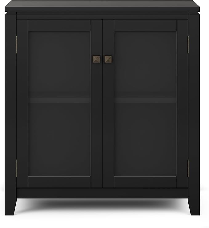 SIMPLIHOME Cosmopolitan Storage Cabinet - 30 inch Wide Solid Wood Low Cabinet in Black, Contemporary Console for Entryway, Living Room, or Dining Room with Glass Doors and Adjustable Shelves