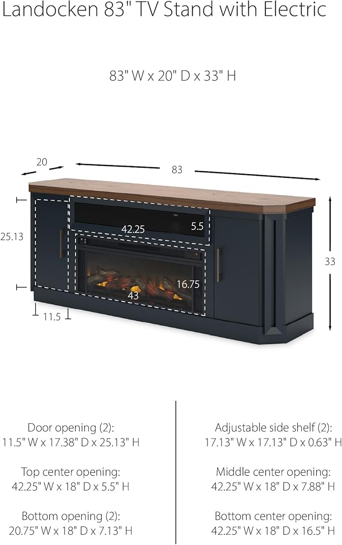 Signature Design by Ashley Landocken Contemporary 83" TV Stand with Electric Fireplace for TVs up to 95", Blue & Light Brown