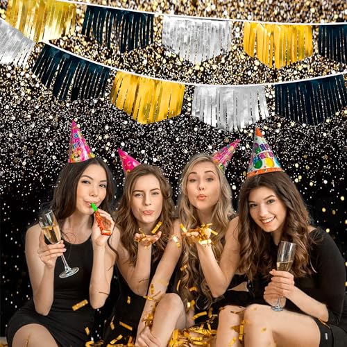Black Silver Gold Tassel Banner Double Sided Metallic Fabric Pennant Bunting Flag Garland for Graduation Birthday Anniversary Bachelorette Engagement Wedding Bridal Shower Party Decorations Supplies (16.93 Foot)