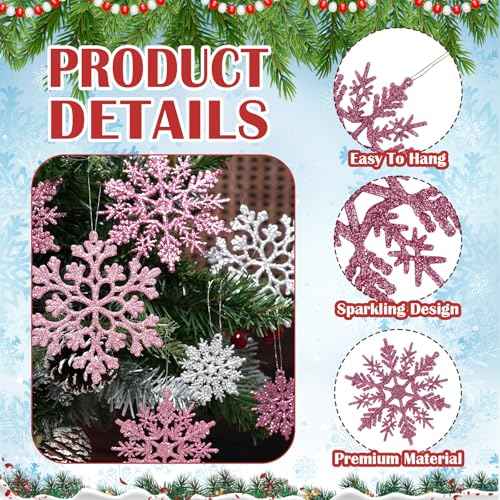 36pcs Pink Silver Christmas Snowflake Ornaments (36 Count)