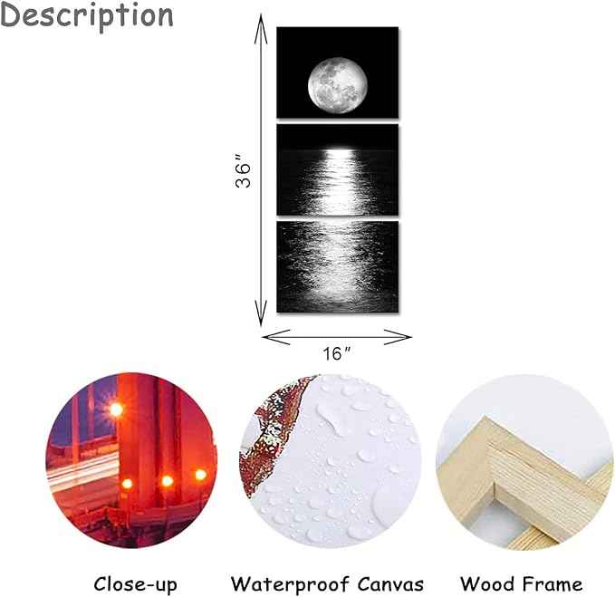 Artmyharbor Full Moon Phase Canvas Wall Art Vertical Black and White Picture Moon on Sea Print Modern Bedroom Decorations Cool Apartment Decor for Men