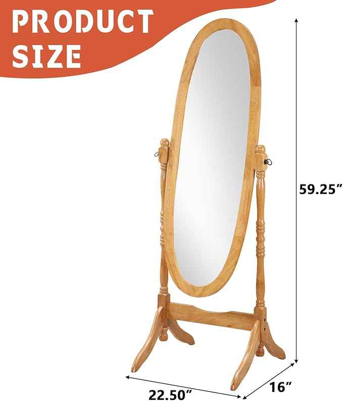 Full Length Mirror with Stand, Swivel Adjustable Oval Wood Cheval Floor Mirror, Dressing Cheval Mirror for Bedroom Livingroom, Interior Gift Idea (Oak)
