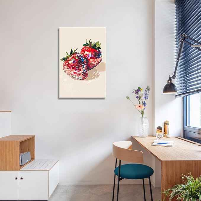 Funky Red Strawberry Disco Wall Art,Trendy Disco Ball Poster For Girls Room, Coquette Strawberries Picture Print, Art Fruit Poster For Home Bedroom Dorm wall Decor 12X16In Framed