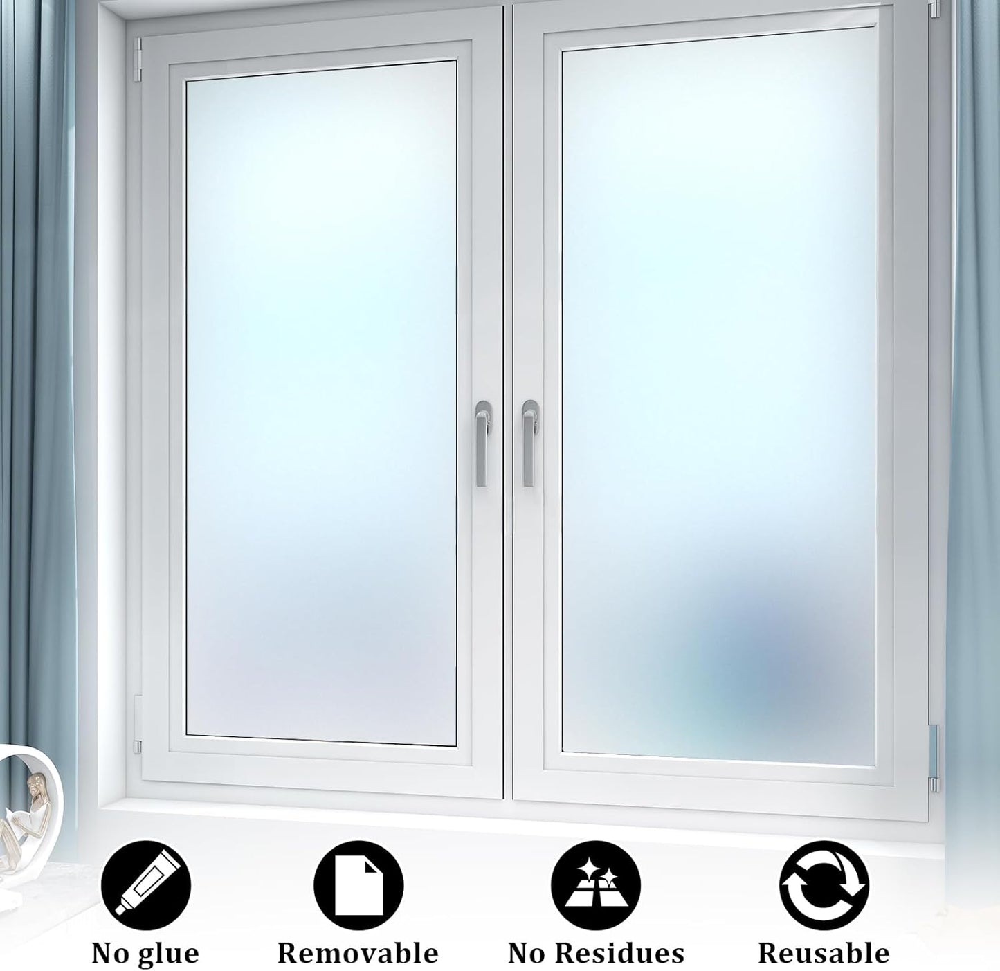 Window Privacy Film, Frosted Glass Static Cling Non-Adhesive Window Cover For Bathroom UV Sunlight Blocking Heat Control For Home Decorative Frosting Pure Matte White Size 17.5 x 157.4 Inches