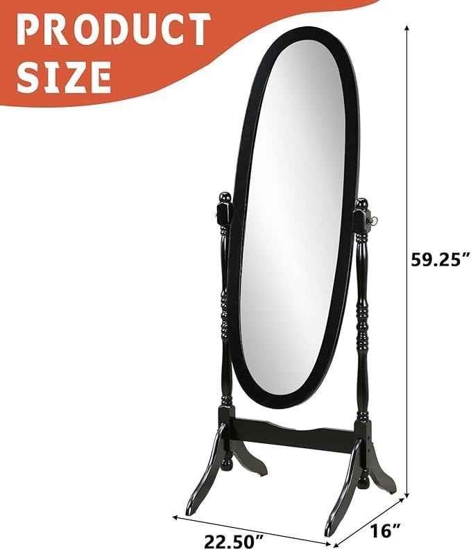 Full Length Mirror with Stand, Swivel Adjustable Oval Wood Cheval Floor Mirror, Dressing Cheval Mirror for Bedroom Livingroom, Interior Gift Idea (Black)