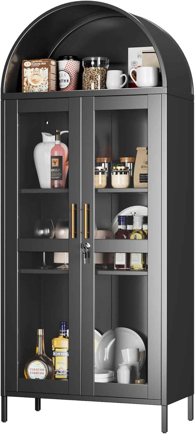 Metal Arched Cabinet with Lock,Arched Display Cabinet with Glass Doors and Shelves,Kitchen Pantry Cabinet for Dining Room, Home,Assembly Required (Black)