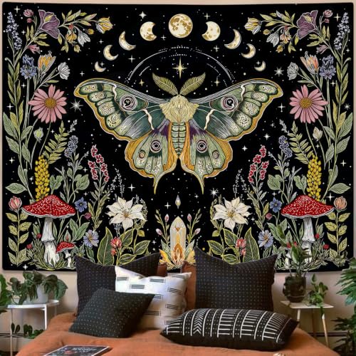 Boho Vintage Moth Luna Botanical Floral Tapestry 48 x 36 Inch