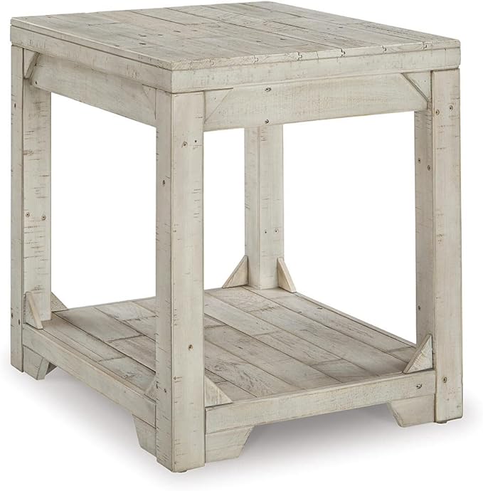 Signature Design by Ashley Fregine Farmhouse Rectangular End Table with Lower Open Shelf, Triangle Bracket Accents, Wood, 25.25" High, Weathered White