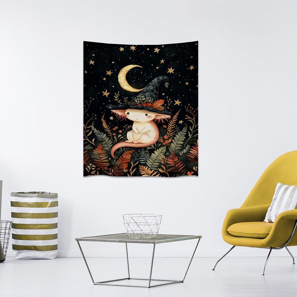 Whimsical Witch Tapestry Wall Hanging Decor Cute Axolotl Tapestry Magical Moon Animal Nursery Decoration Halloween Tapestries wall art for Home Kids Bedroom Living Room 70x90inch