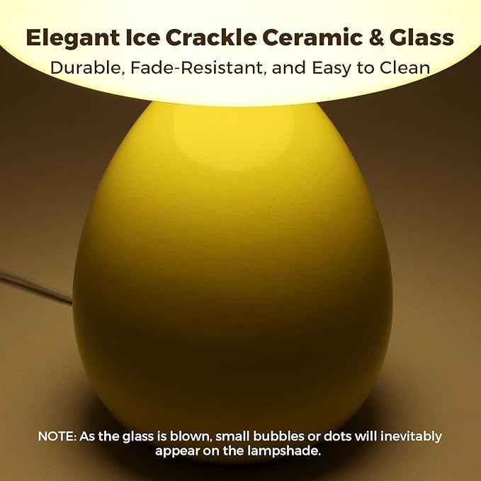 Mushroom Lamp, Vintage Small Table Lamp for Bedroom, Ice Crack Ceramic LED Night Light for Kids, Mid Century Modern Bedside Lamp for Nightstand, Living Room, Home Decor Gift Ideas for Women, Yellow