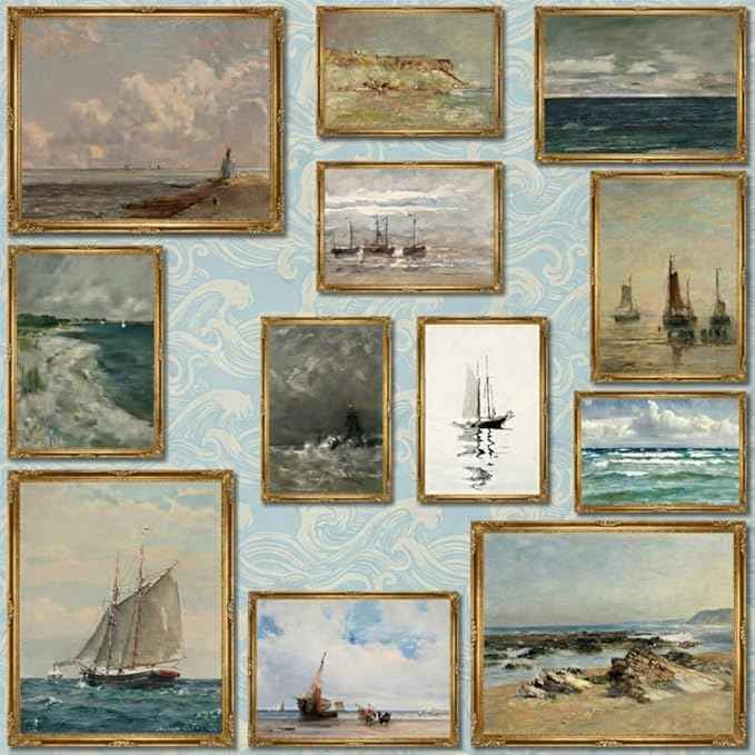 LANCHI95 15 Pcs Maximalist Gallery Wall, Colorful Eclectic Decor, Colorful Art, Girls Room, Vintage Wall Art Prints, Moody Maximalist Bedroom Decorations (UNFRAMED) (Seascape, Unframed)