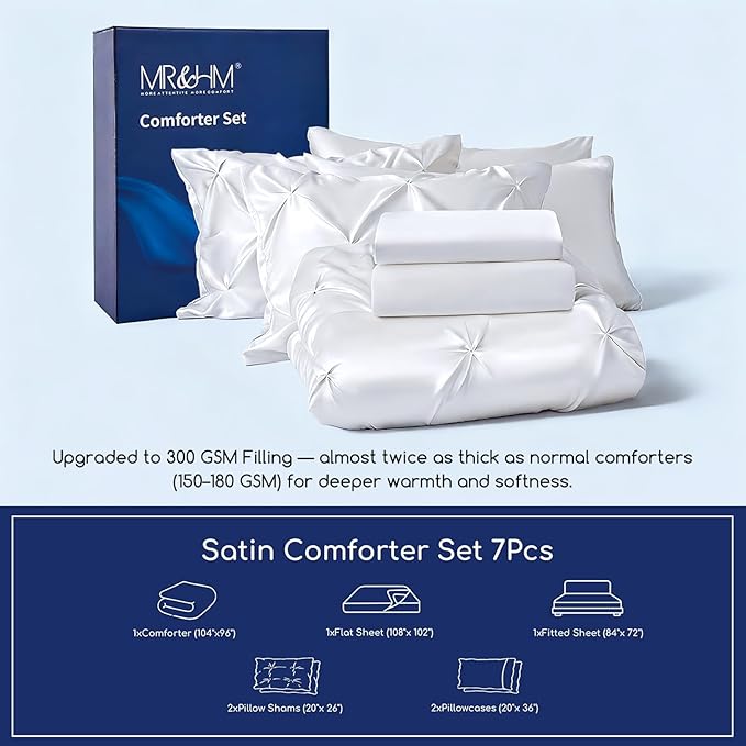 MR&HM Satin Comforter California King 7 Pieces White - Luxurious Pinch Pleat Bedding Set with Comforter, Flat Sheet, Fitted Sheet, Pillowcases & Shams, Super Silky Soft Bed Set for All Season