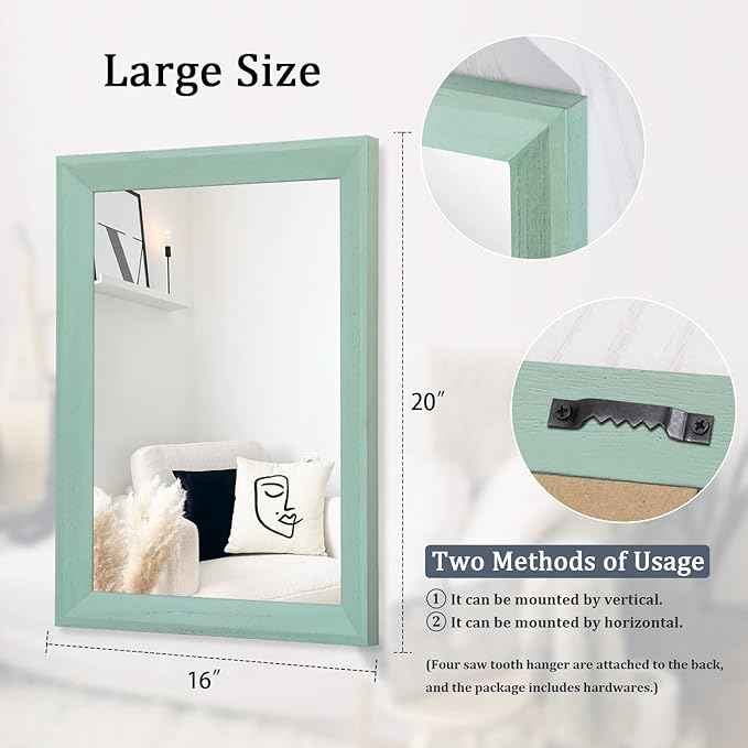 AAZZKANG Wood Framed Mirror Rectangle Modern Farmhouse Wall Mirrors Decor Large 20"x16" for Bedroom Living Room Bathroom Dressing Room Green