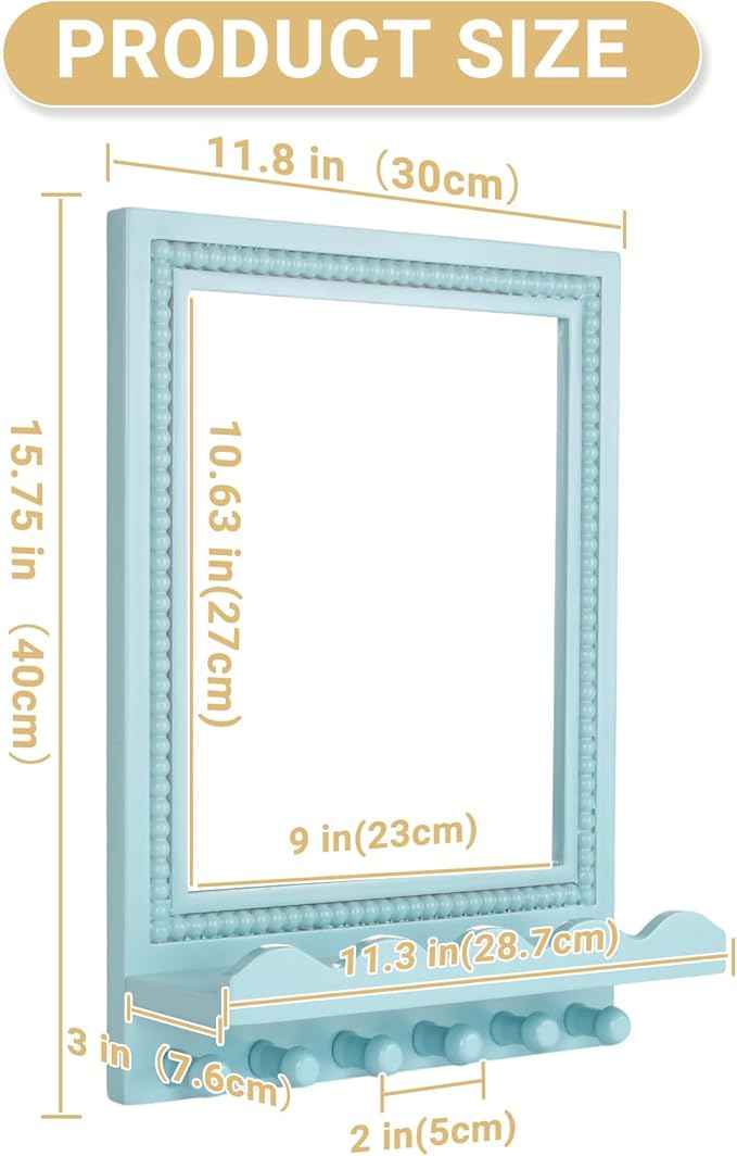 Tirzah 16x12 Inch Wall Mount Beaded Wood Framed Mirror with Shelf and 6 Hooks, Blue Decorative Entryway Mirror with Storage for Laundry Room, Bathroom, Bedroom